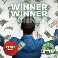 Image of man with cash falling around him and Winner! in text. Powerball and Colorado Lottery logos.