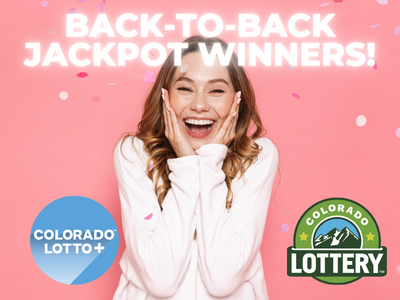 Excited woman with hands on face. Back-to-Back Jackpot winners! Colorado Lottery and Lotto+ logos.