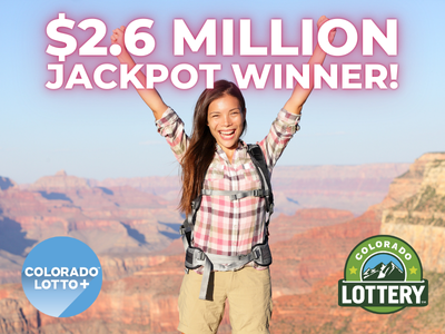 $2.6 Million jackpot winner! Woman on a mountaintop with arms in the air. Lottery and Lotto+ logos