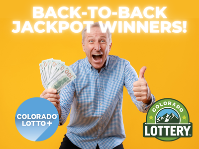 Back to Back Jackpot Winners! Colorado Lotto+ and Colorado Lottery logos | Older man holing fan of $100 bills in hand and giving thumbs up with excited smile