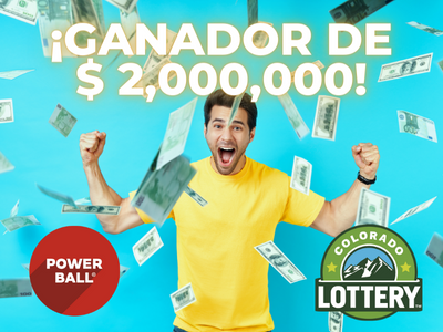 Hombre con dinero cayendo. Texto: ¡Ganador de $2 millones! Logotipos de Powerball y Lotería de Colorado