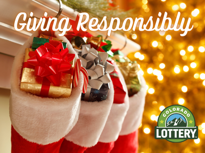 Stockings with presents inside hanging on mantle with gold lights glittering in background. Giving Responsibly, Colorado Lottery logo