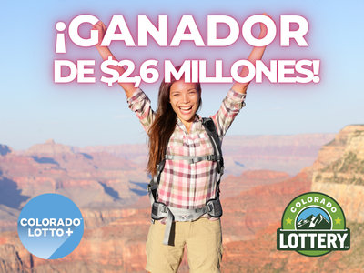 $2.6 Million jackpot winner! Woman on a mountaintop with arms in the air. Lottery and Lotto+ logos