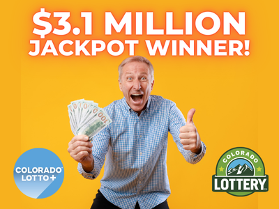 $3.1 Million Jackpot winner! Man excitedly holding cash in hand. Colorado Lotto+ and Lottery logos.