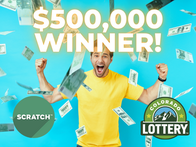 Excited man with cash falling all around. Text: $500,000 winner! Scratch and Colorado Lottery logos