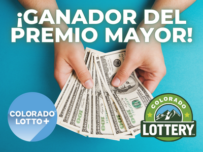 ¡Un puñado de dinero en efectivo con Jackpot Winner! y logotipos de Lotto+ y Colorado Lottery