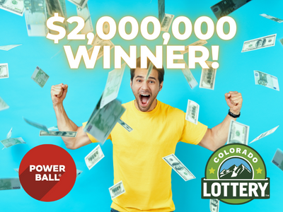 Man with money falling around. Text: $2 million winner! Powerball and Colorado Lottery logos