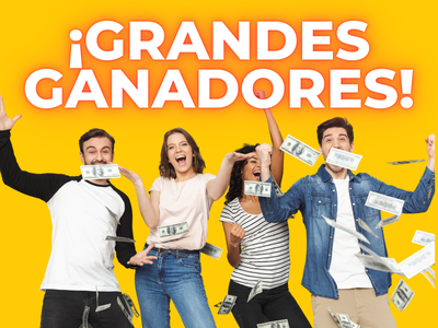 Big Winners! Group of four people excitedly celebrate as cash falls all around them.